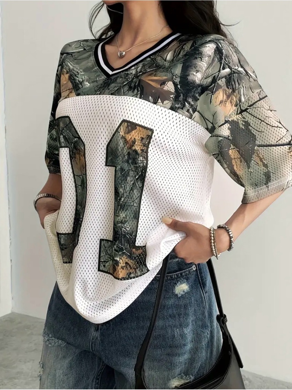 4 for $20- Mesh V-Neck Football Jersey in White and Green Camo-#01